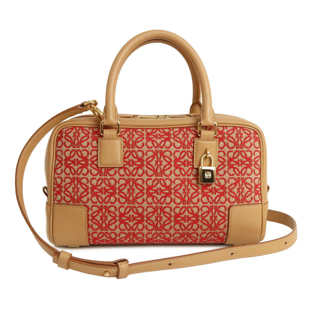 LOEWE Amazona Shoulder Handbag Jacquard Calfskin Leather Beige Red